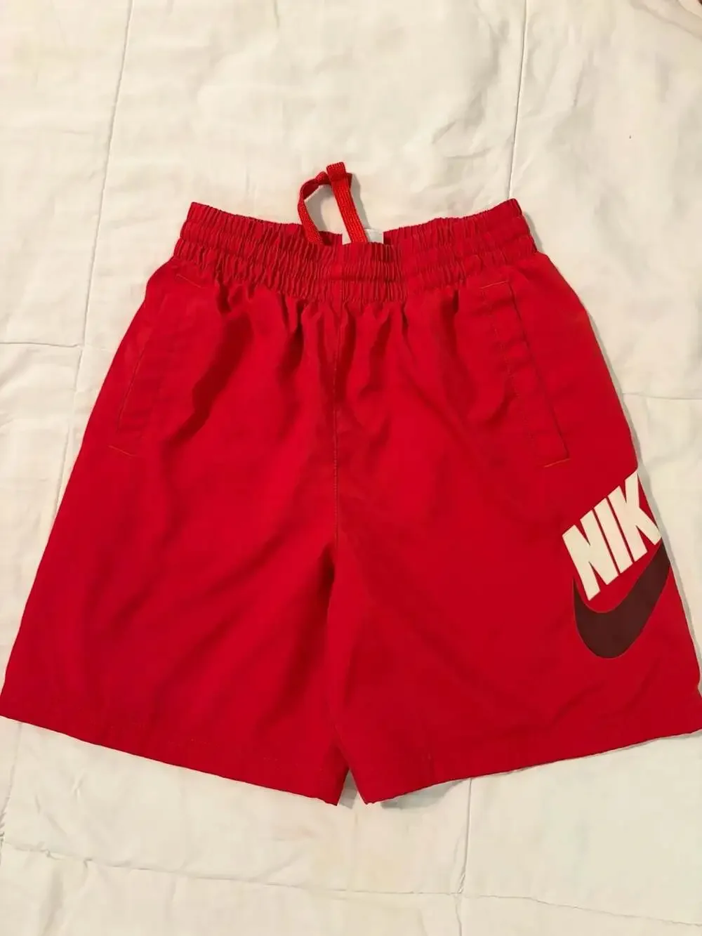 Nike Boys Large Red Swim Trunks Logo Swoosh Mesh Lined Drawstring Shorts Swim